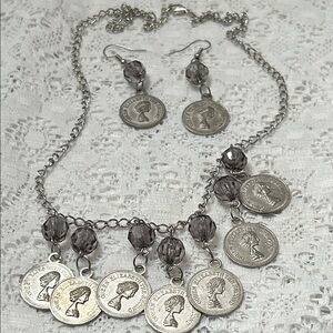 Elegant Silver Coin Necklace and Earring Set